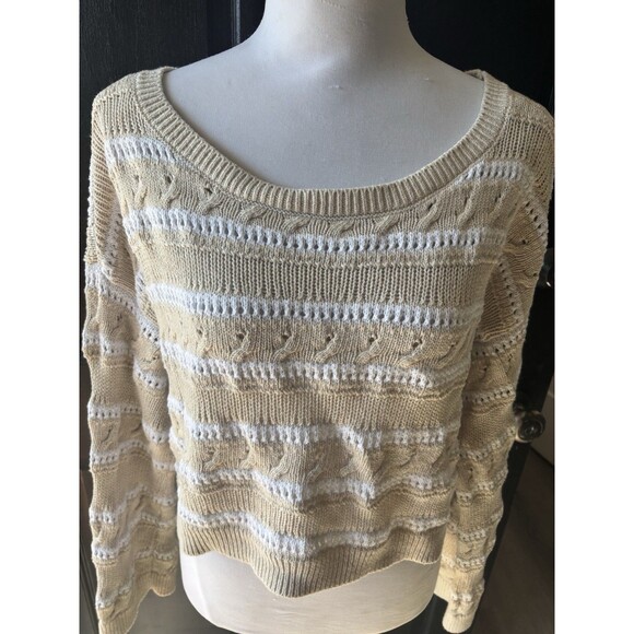 Hollister Cotton Preppy Stripe Pointelle Off Shoulder Crop Cozy Relaxed Sweater - Picture 2 of 9